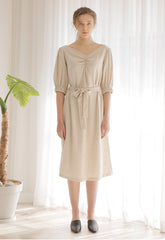V-Neck Linen Midi Dress With Puff Sleeves and Waist Tie Belt